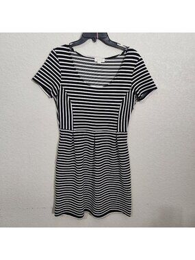 Smart Set Dress Womens Size S Petite Striped Short-Sleeve Fit Flare Black White